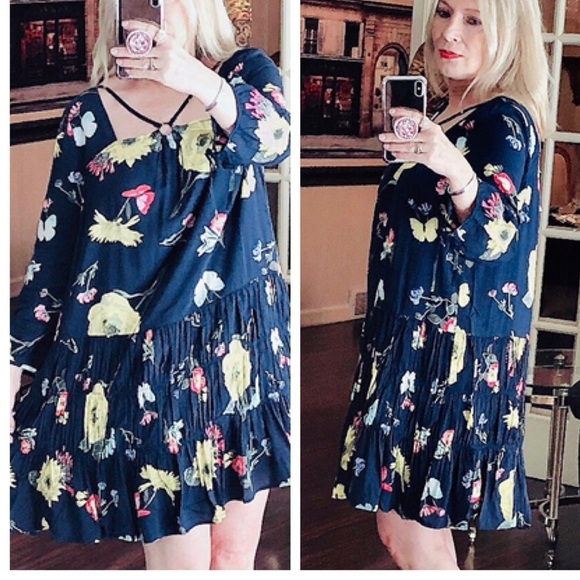 ENTRO navy blue floral swing dress 3/4 sleeves - Picture 2 of 6